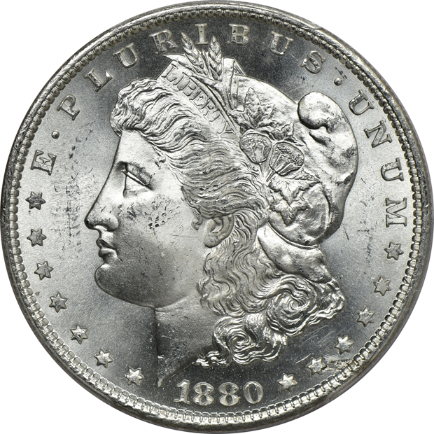 Seven certified Morgan silver dollars, all CAC