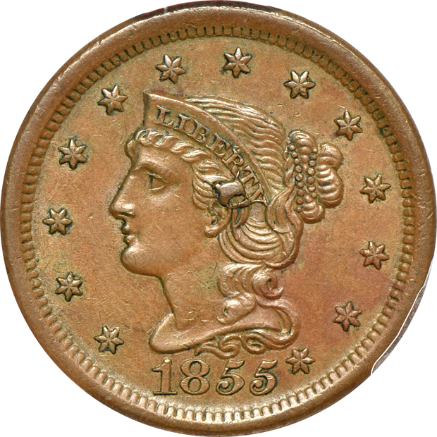 1853 MS-63BN, and an 1855 AU-55 Knob on Ear CAC, both PCGS
