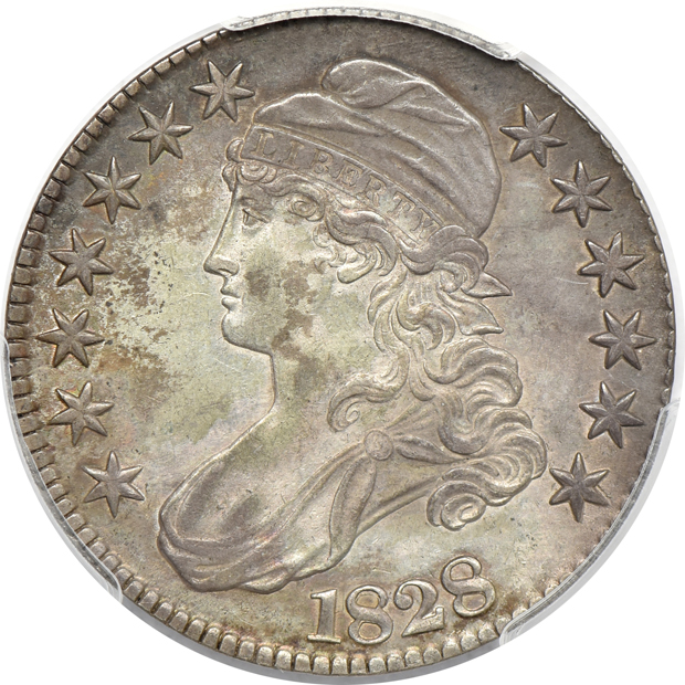 1828 Sq Base 2, Large 8's AU-50; 1828 Sq Base 2, Sm 8's, Lg Lt XF-45; and an 1828 Sq Base 2, Sm 8's, Lg Lt AU-53 CAC; all PCGS
