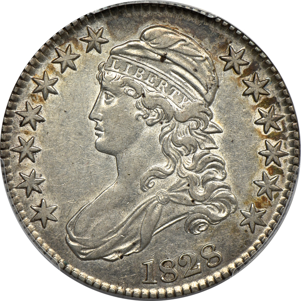 1828 Sq Base 2, Large 8's AU-50; 1828 Sq Base 2, Sm 8's, Lg Lt XF-45; and an 1828 Sq Base 2, Sm 8's, Lg Lt AU-53 CAC; all PCGS