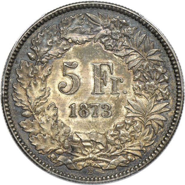Switzerland - 1873-B 5 franc - PCGS AU-58