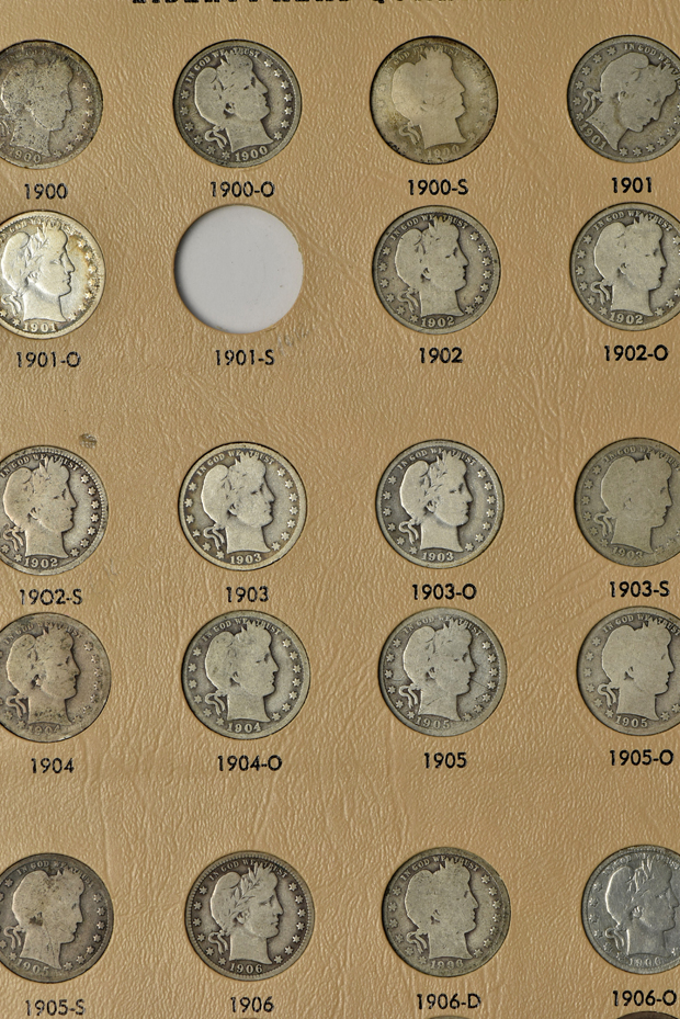 Nearly complete collection of Barber quarters in a Dansco 7130 album, plus extras