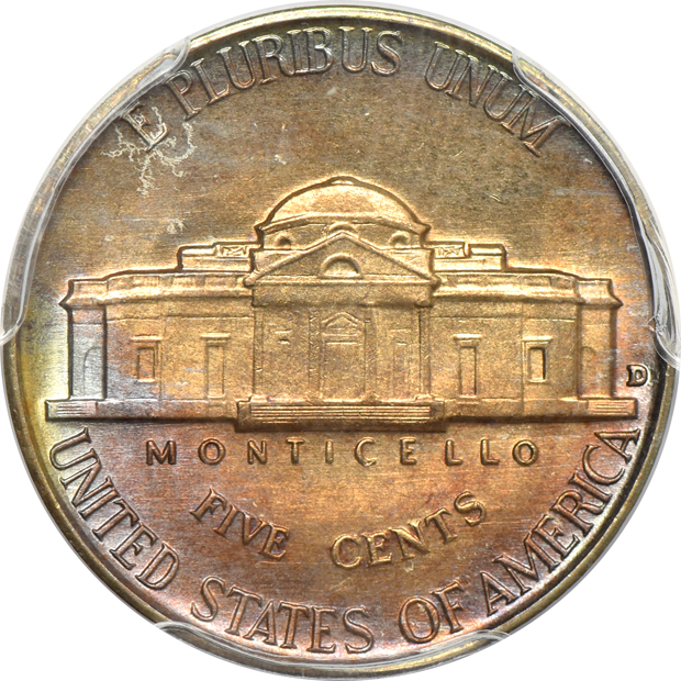 Five beautifully toned Jefferson nickels certified by PCGS