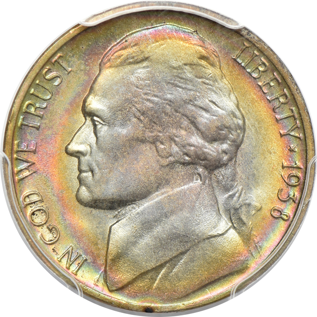 Five beautifully toned Jefferson nickels certified by PCGS