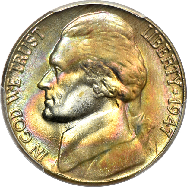 Five beautifully toned Jefferson nickels certified by PCGS