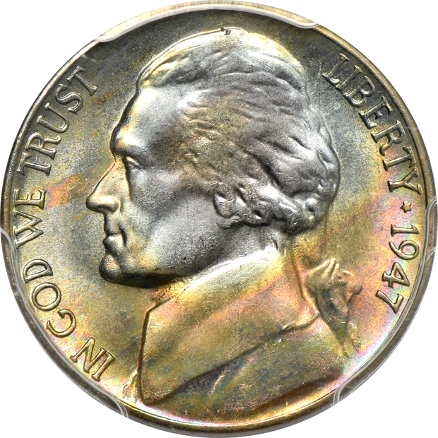 Five beautifully toned Jefferson nickels certified by PCGS