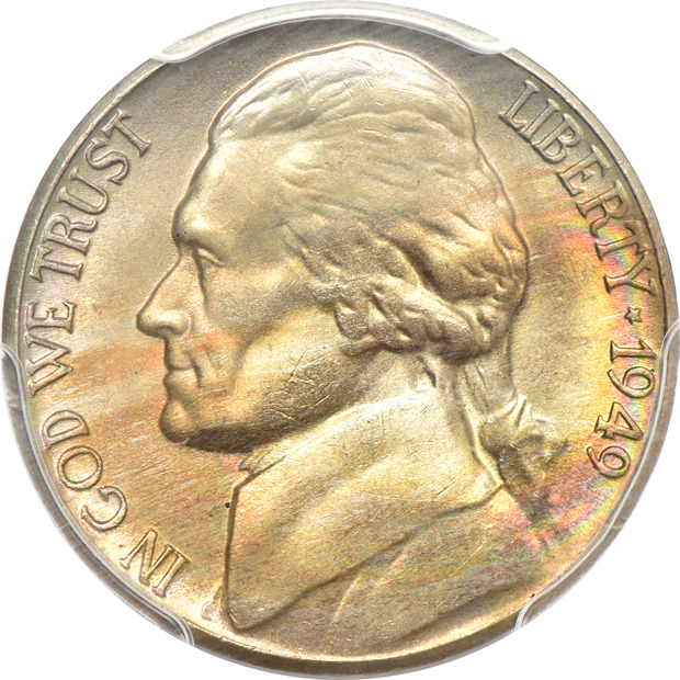 Five beautifully toned Jefferson nickels certified by PCGS