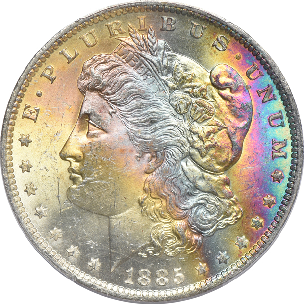 1878-CC NGC MS-63, 1880-O NGC MS-62, and an 1885-O PCGS MS-64 CAC