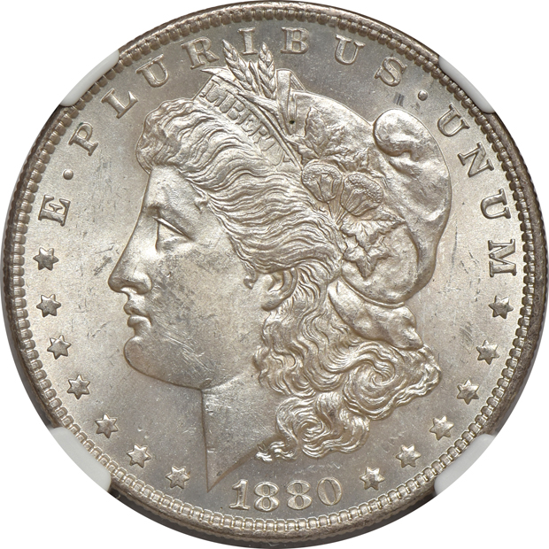 1878-CC NGC MS-63, 1880-O NGC MS-62, and an 1885-O PCGS MS-64 CAC