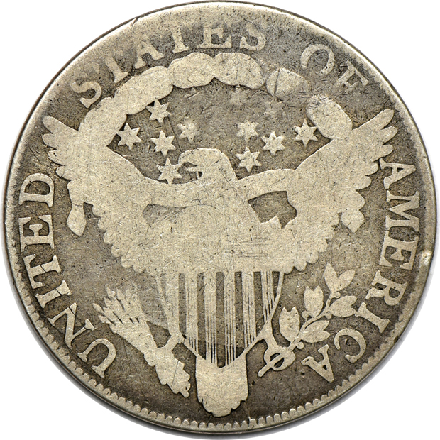 A Flowing Hair half-dollar, plus three Capped Bust half-dollars
