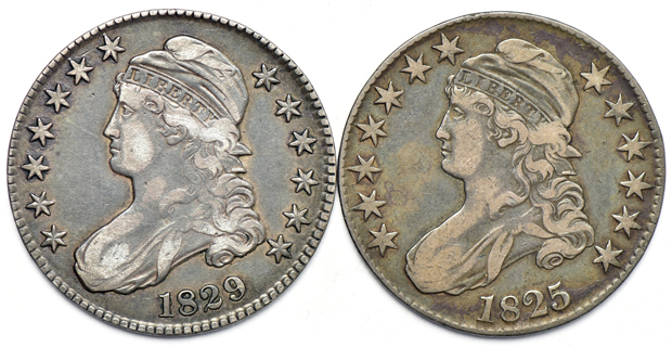 A Flowing Hair half-dollar, plus three Capped Bust half-dollars