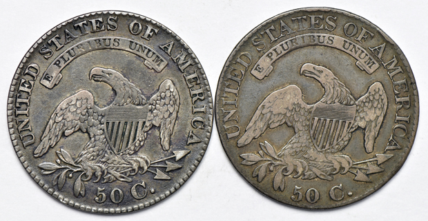 A Flowing Hair half-dollar, plus three Capped Bust half-dollars
