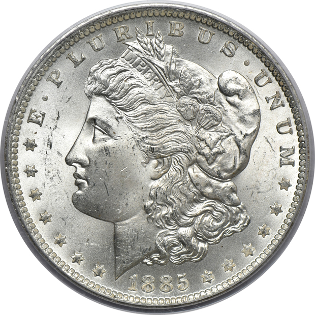 Five Morgan silver dollars certified by PCGS.  Four rattler, one green label, as described