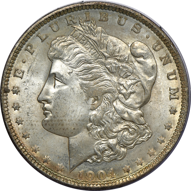 Five Morgan silver dollars certified by PCGS.  Four rattler, one green label, as described
