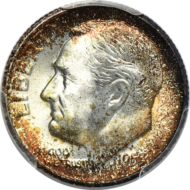 Five beautifully toned Roosevelt dimes certified by PCGS