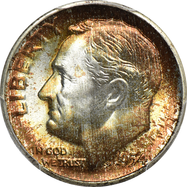 Five beautifully toned Roosevelt dimes certified by PCGS
