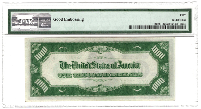 1928 $1,000 St. Louis Fr# 2210-Hdgs - PMG AU-50 Good Embossing