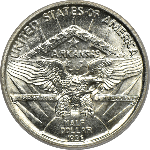 1935-S Arkansas PCGS MS-66+, and a 1936 Robinson ICG MS-64