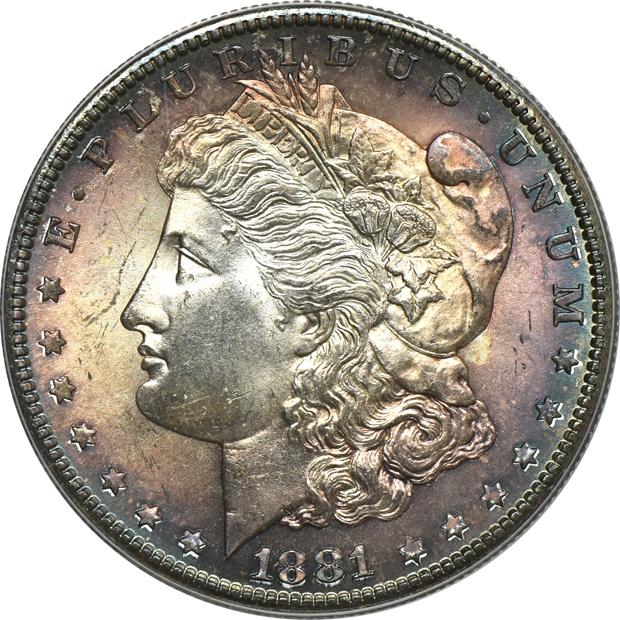 Five toned Morgan silver dollars certified by ANACS