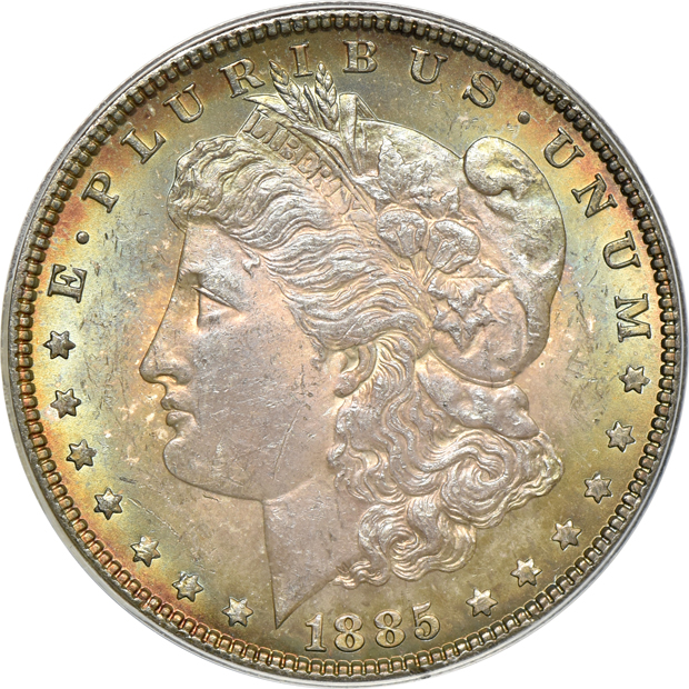 Five toned Morgan silver dollars certified by ANACS