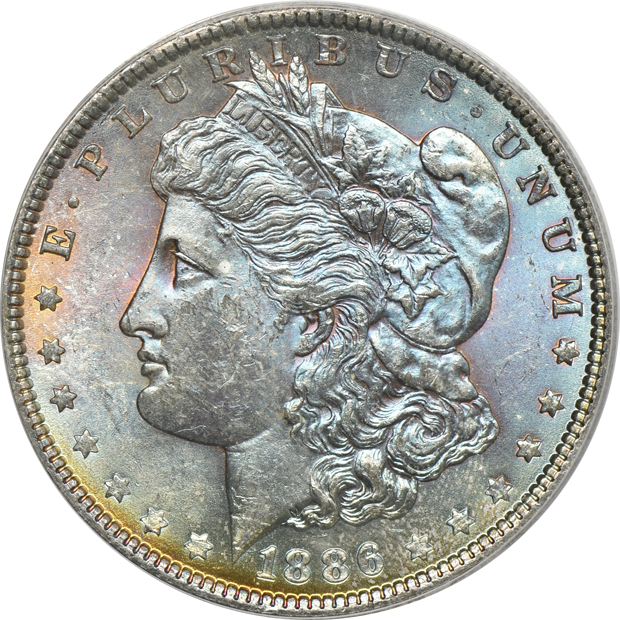 Five toned Morgan silver dollars certified by ANACS