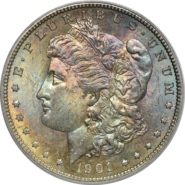 Five toned Morgan silver dollars certified by ANACS
