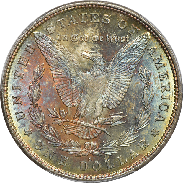 1879-S PCGS MS-66+, and an 1885-O PCGS MS-66 CAC