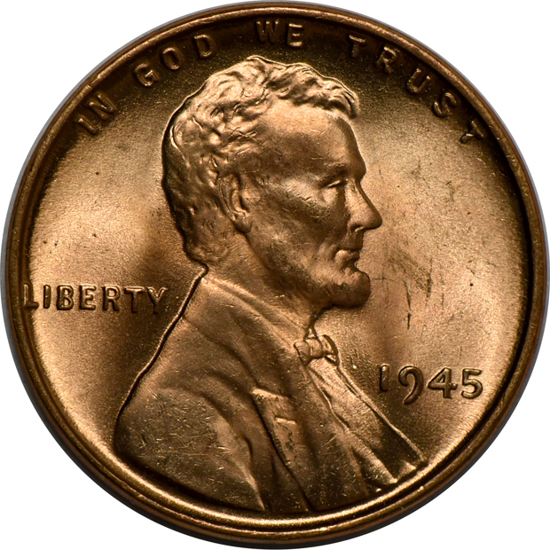 Five rolls of BU 1945 Lincoln cents, plus a BU roll of 1948-D Lincoln cents