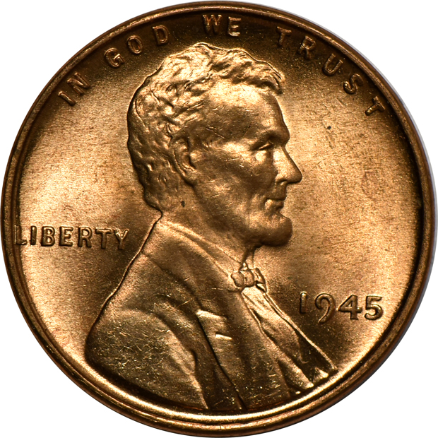 Five rolls of BU 1945 Lincoln cents, plus a BU roll of 1948-D Lincoln cents