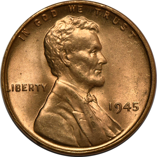 Five rolls of BU 1945 Lincoln cents, plus a BU roll of 1948-D Lincoln cents
