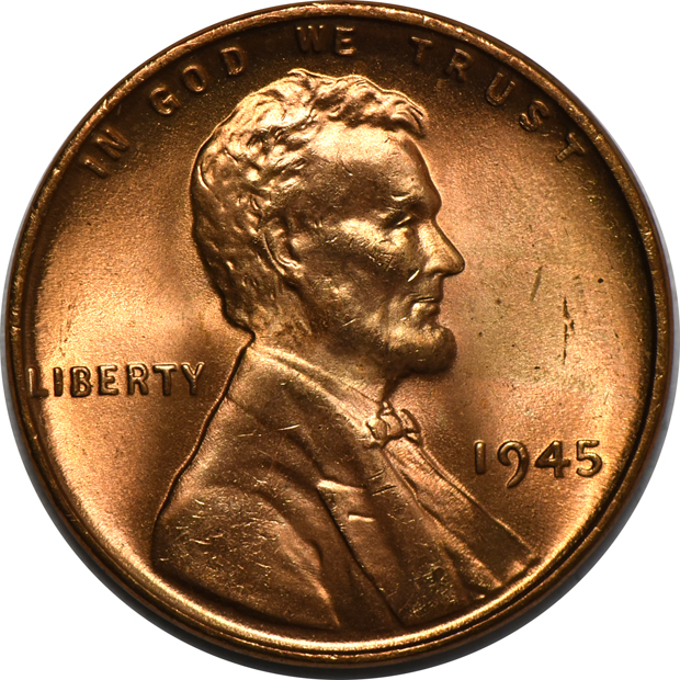 Five rolls of BU 1945 Lincoln cents, plus a BU roll of 1948-D Lincoln cents