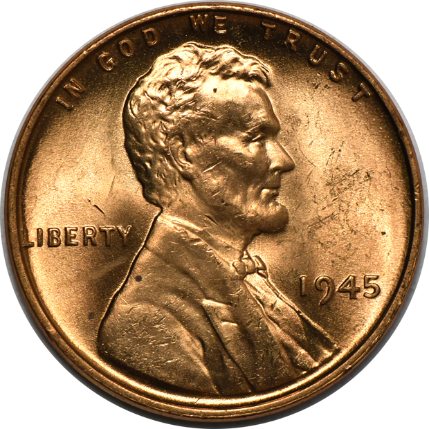 Five rolls of BU 1945 Lincoln cents, plus a BU roll of 1948-D Lincoln cents
