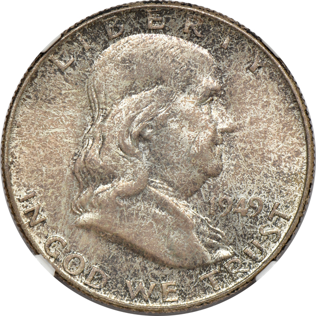 Five Walking Liberty half-dollars and three Franklin half-dollars, all certified GEMs