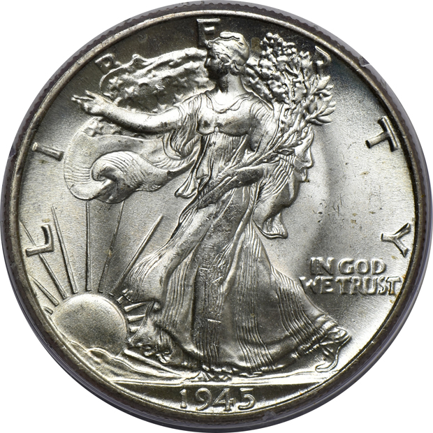 Five Walking Liberty half-dollars and three Franklin half-dollars, all certified GEMs