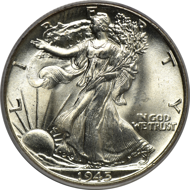 Five Walking Liberty half-dollars and three Franklin half-dollars, all certified GEMs