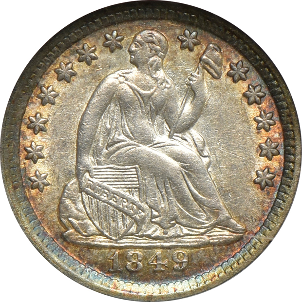 1846 Tall Date Liberty Seated half-dollar and an 1849/6 half-dime, both NGC AU-58