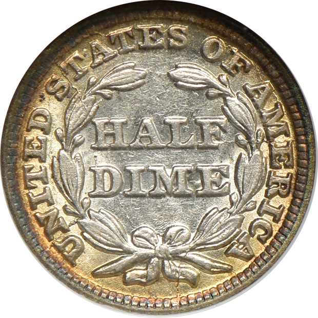 1846 Tall Date Liberty Seated half-dollar and an 1849/6 half-dime, both NGC AU-58