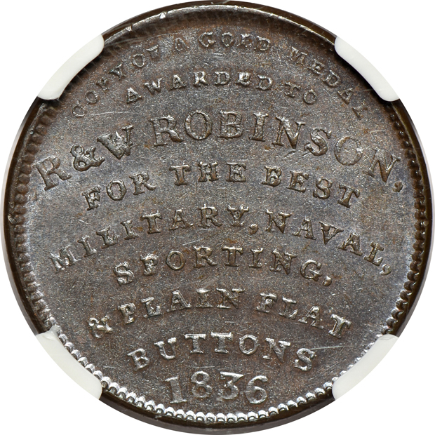 1836 Attleboro MA Hard-Times token, R. & W. Robinson, NGC MS-65 BN