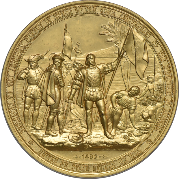 1892 World's Columbian Expo medal, Liberty Head high-relief E-101, Gilt 90mm NGC PF-65