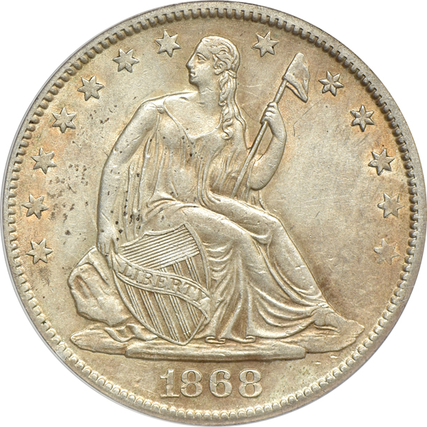1812 Capped Bust half-dollar Rotated Dies AU-53 details/cleaned, and an 1868-S Liberty Seated half-dollar AU-53, both ANACS