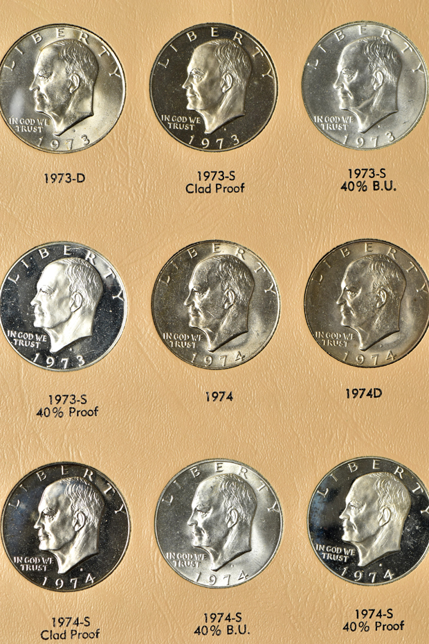 Five complete collections of Eisenhower dollars, including proof-only issues, in Dansco 8176 albums