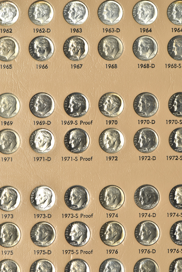 Collections of Jefferson nickels and Roosevelt dimes, each including proof-only issues, in Dansco albums