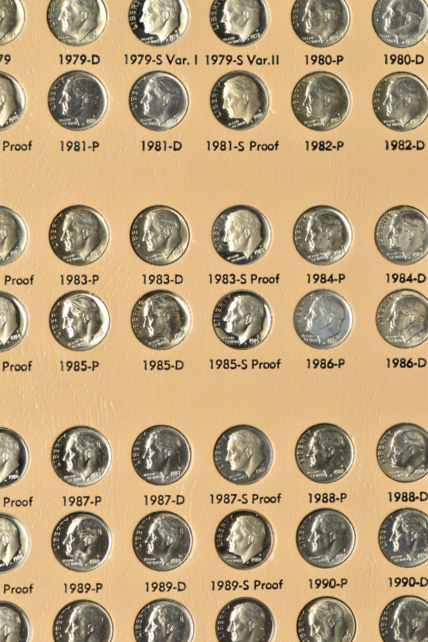 Collections of Jefferson nickels and Roosevelt dimes, each including proof-only issues, in Dansco albums