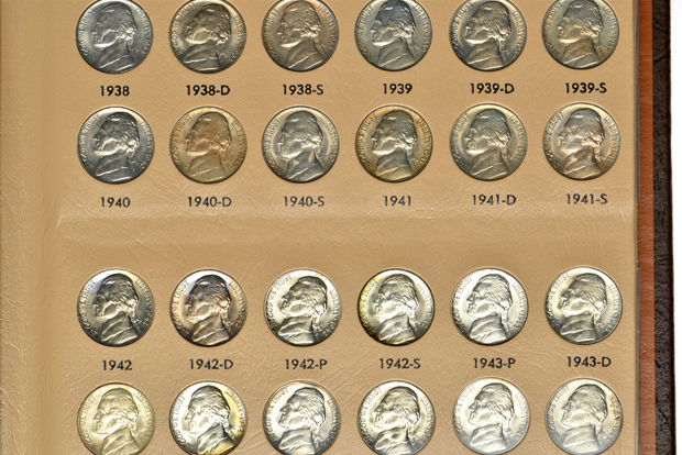Collections of Jefferson nickels and Roosevelt dimes, each including proof-only issues, in Dansco albums