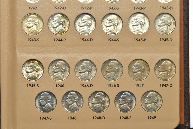 Collections of Jefferson nickels and Roosevelt dimes, each including proof-only issues, in Dansco albums