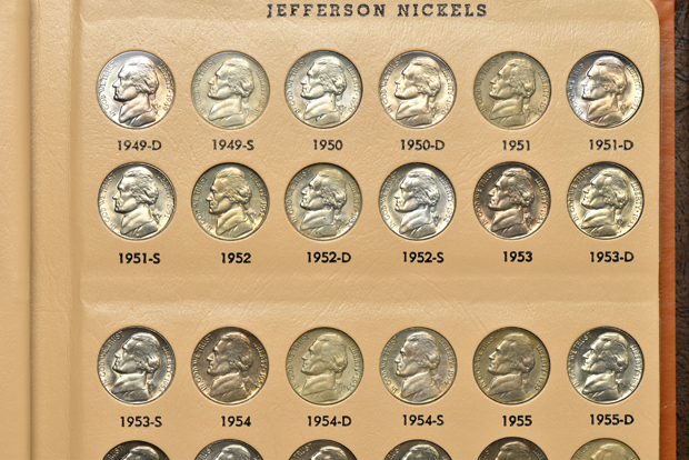 Collections of Jefferson nickels and Roosevelt dimes, each including proof-only issues, in Dansco albums