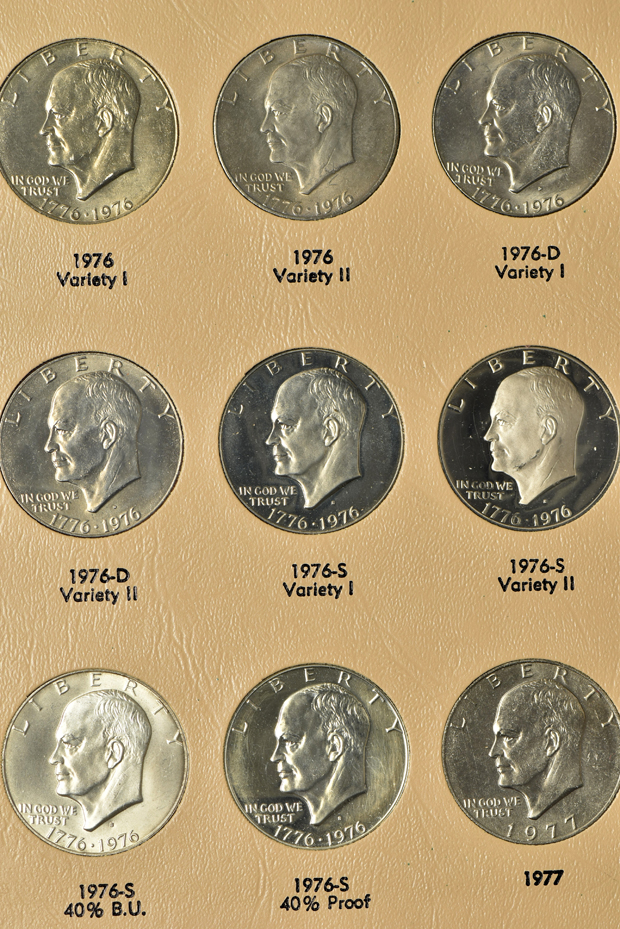 Complete collections of Susan B. Anthony dollars, Eisenhower dollars, and Presidential dollars through 2011-S, all including proof-only issues, in Dansco albums