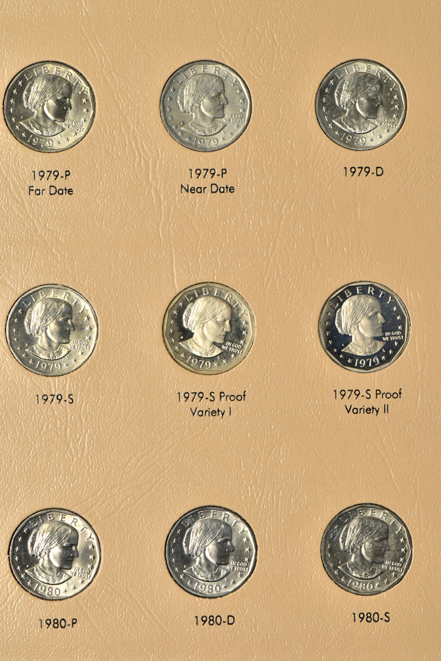Complete collections of Susan B. Anthony dollars, Eisenhower dollars, and Presidential dollars through 2011-S, all including proof-only issues, in Dansco albums