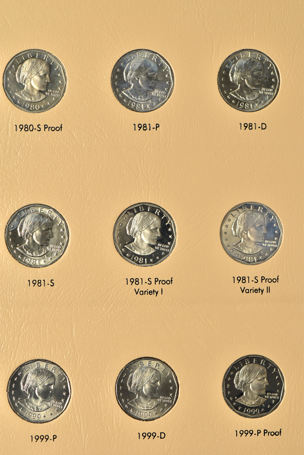 Complete collections of Susan B. Anthony dollars, Eisenhower dollars, and Presidential dollars through 2011-S, all including proof-only issues, in Dansco albums