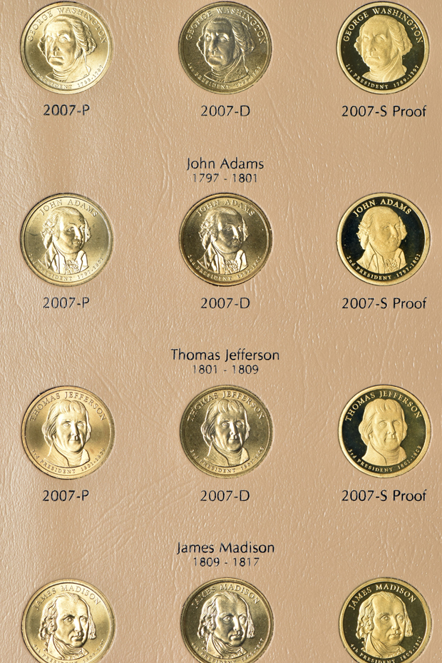 Complete collections of Susan B. Anthony dollars, Eisenhower dollars, and Presidential dollars through 2011-S, all including proof-only issues, in Dansco albums